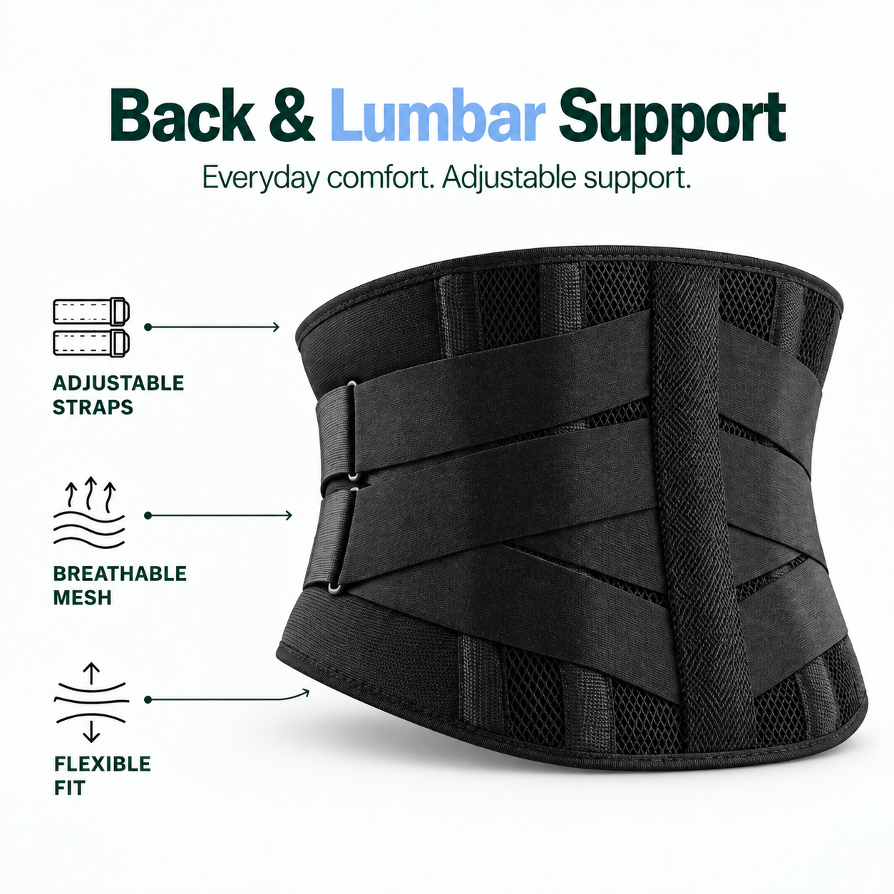 Back and lumbar support with adjustable straps, breathable mesh and flexible fit