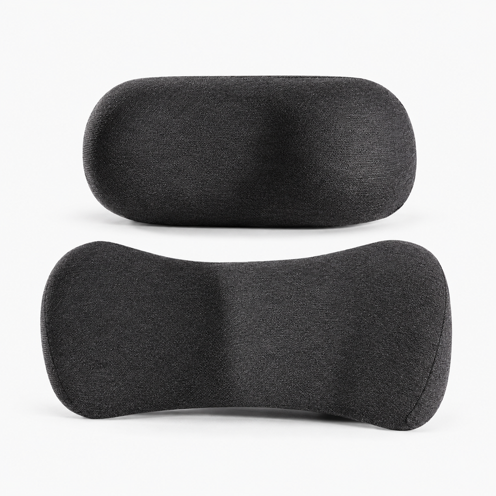 Black two piece car neck and lumbar support pillow set, breathable fabric cushions