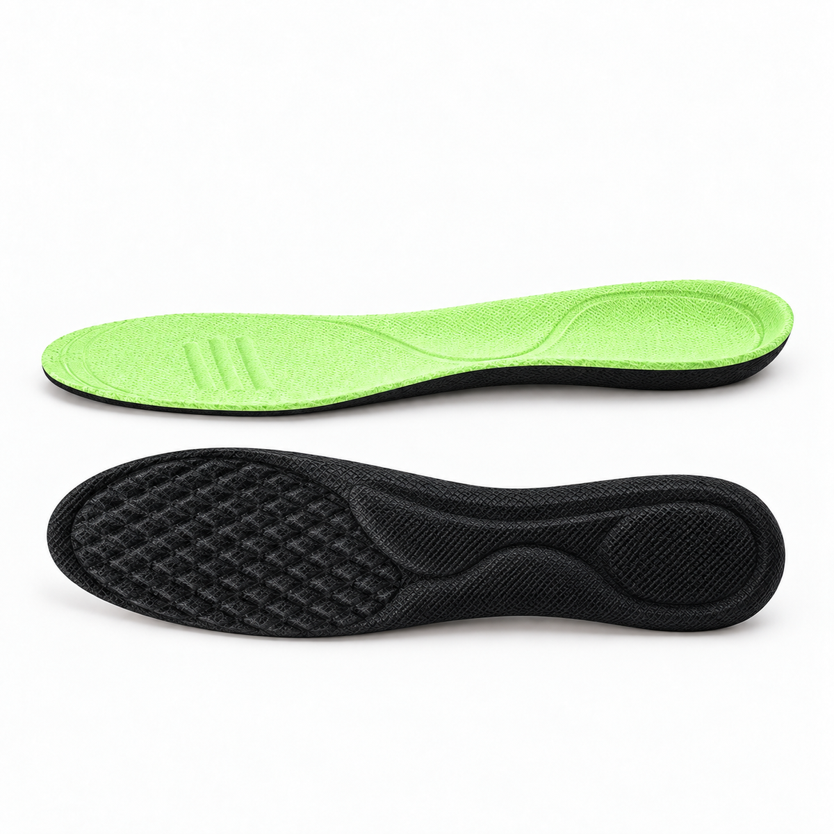 Black Type B breathable sport insoles with green fabric top and black textured sole