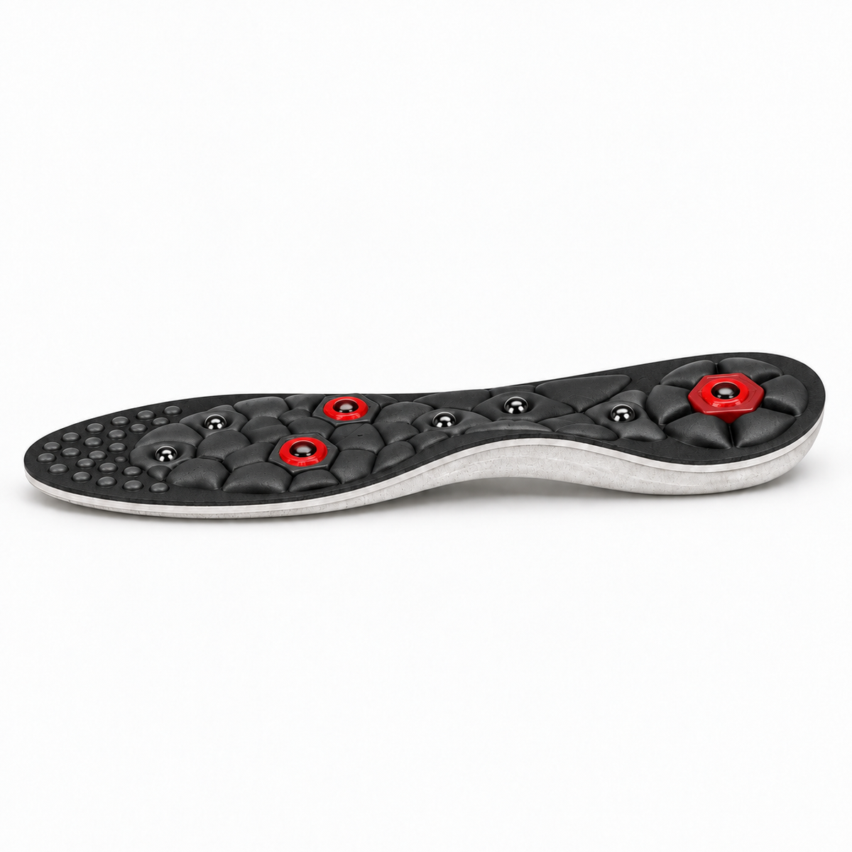 Black acupressure magnetic insoles with dark raised massage pads and red magnetic points