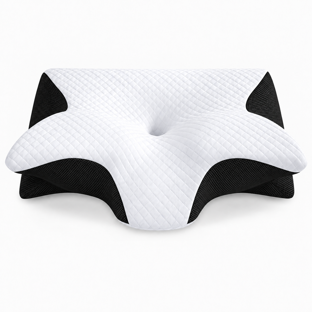Black cervical pillow cover with breathable mesh side panels and quilted neck support design