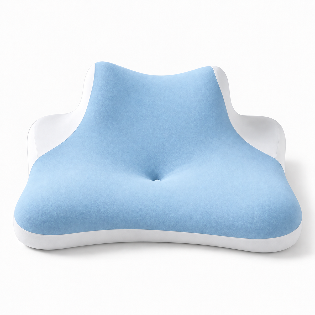 Blue A wedge neck support pillow with pale blue fabric and white side panels for cervical comfort