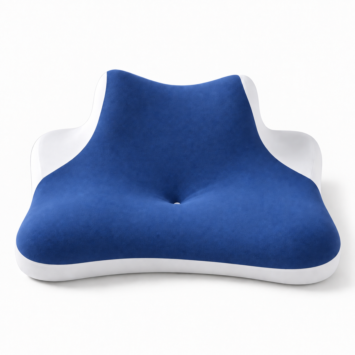 Blue B wedge neck support pillow with deep blue fabric and white side panels for cervical support