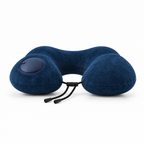 Inflatable U shaped travel pillow in Blue with portable neck support for flights and rest