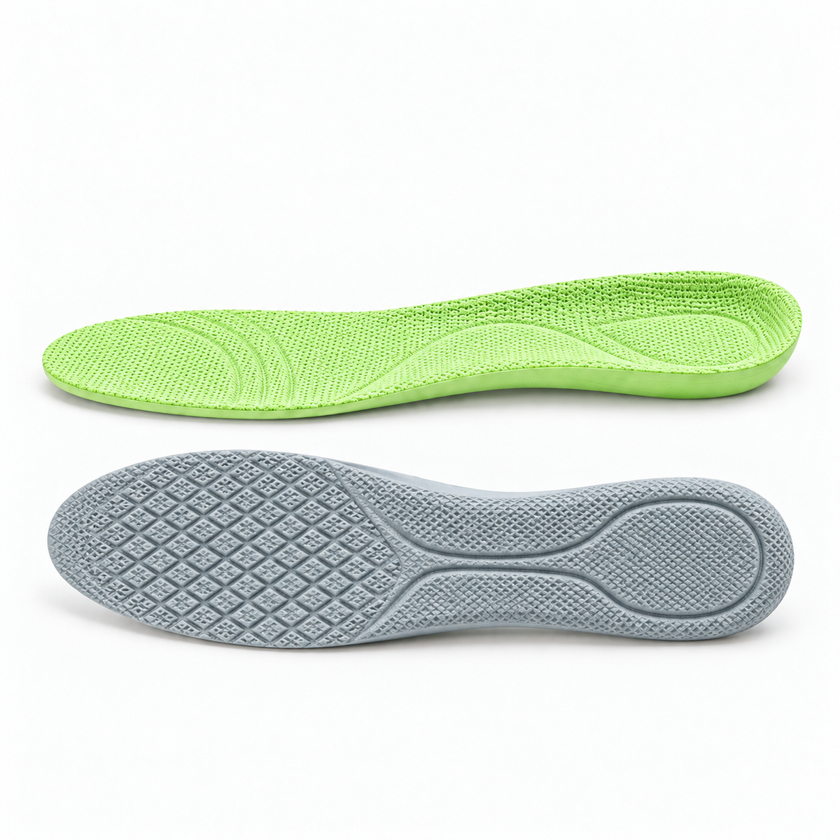 Gray Type B breathable sport insoles with green fabric top and gray textured sole