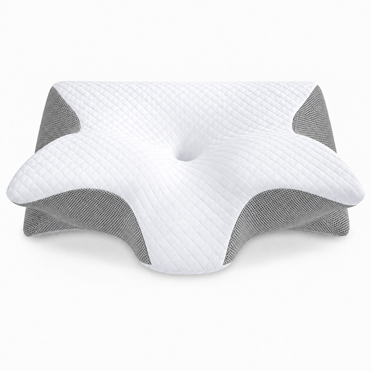 Gray cervical pillow cover with breathable mesh side panels and quilted neck support design