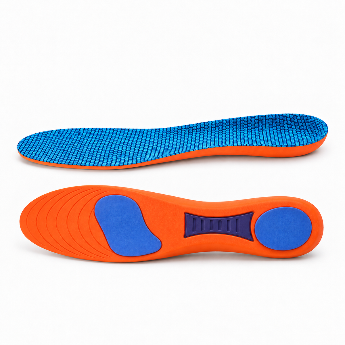 Orange Type A breathable sport insoles with blue cushioning pads and textured top surface