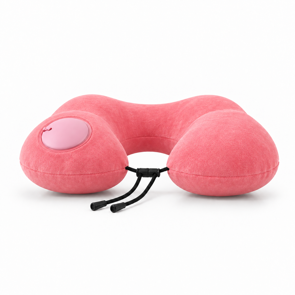 Inflatable U shaped travel pillow in Pink with portable neck support for flights and rest