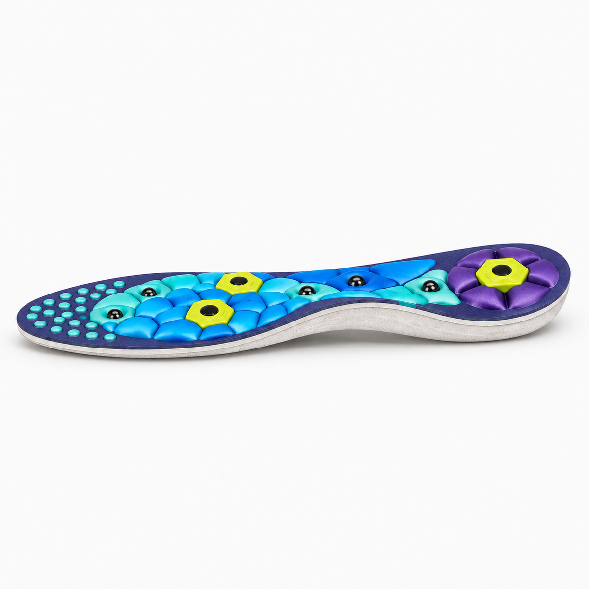 Purple Type A acupressure magnetic insoles with blue raised massage pads and arch support