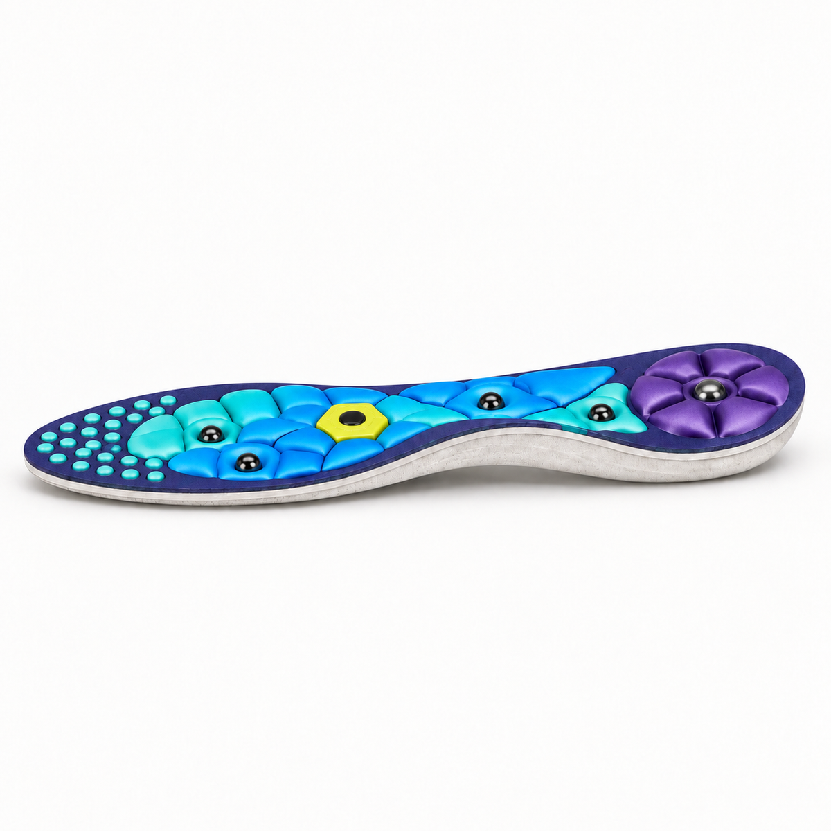 Purple Type B acupressure magnetic insoles with turquoise massage zones and heel support