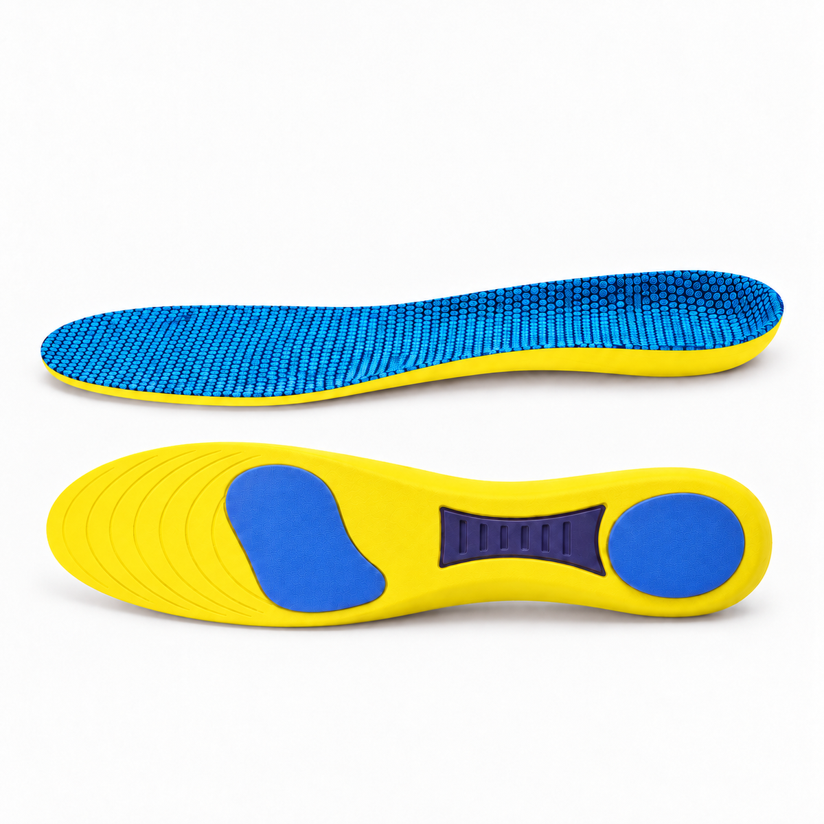 Yellow Type A breathable sport insoles with blue cushioning pads and textured top surface