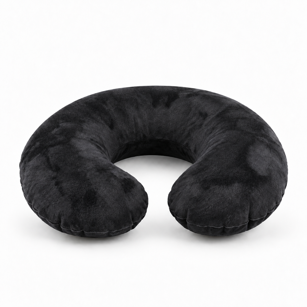 Inflatable Travel Neck Pillow with Soft Flocked Cover - black / China variant, soft flocked inflatable travel neck pillow