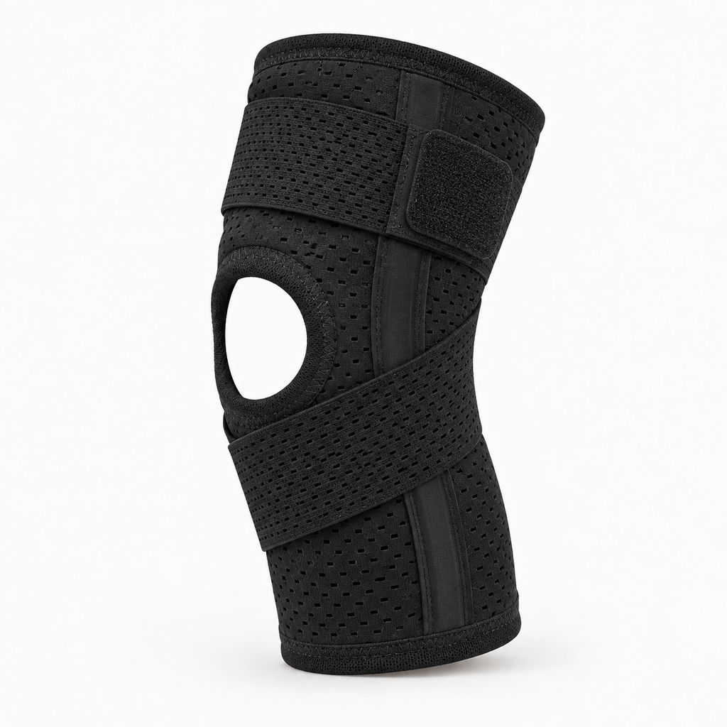 Breathable Knee Brace with Side Stabilizers - black single knee support with breathable mesh and side stabilizers