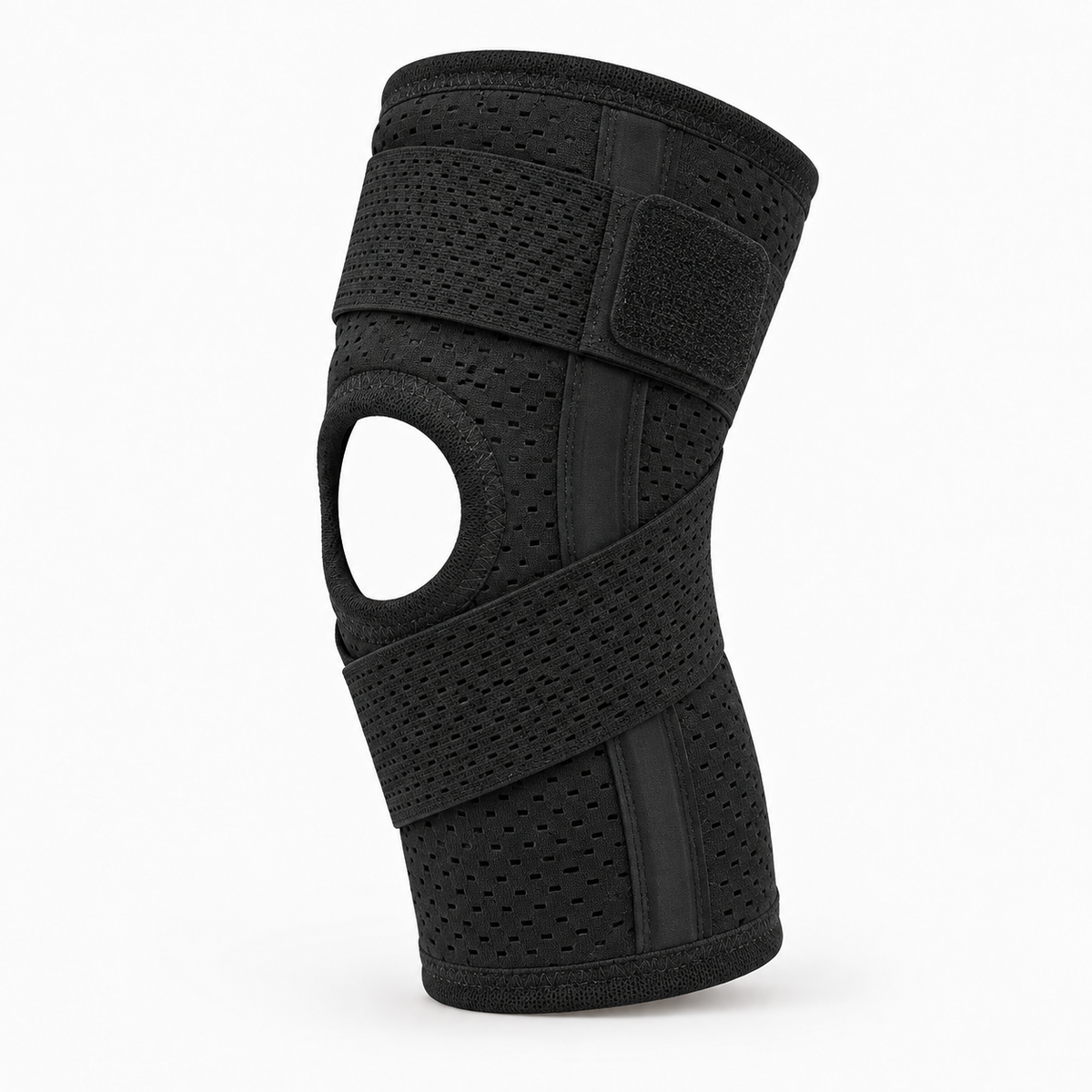 Breathable Knee Brace with Side Stabilizers - black single knee support with breathable mesh and side stabilizers
