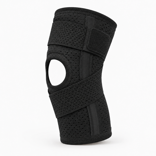 Breathable Knee Brace with Side Stabilizers - black single knee support with breathable mesh and side stabilizers