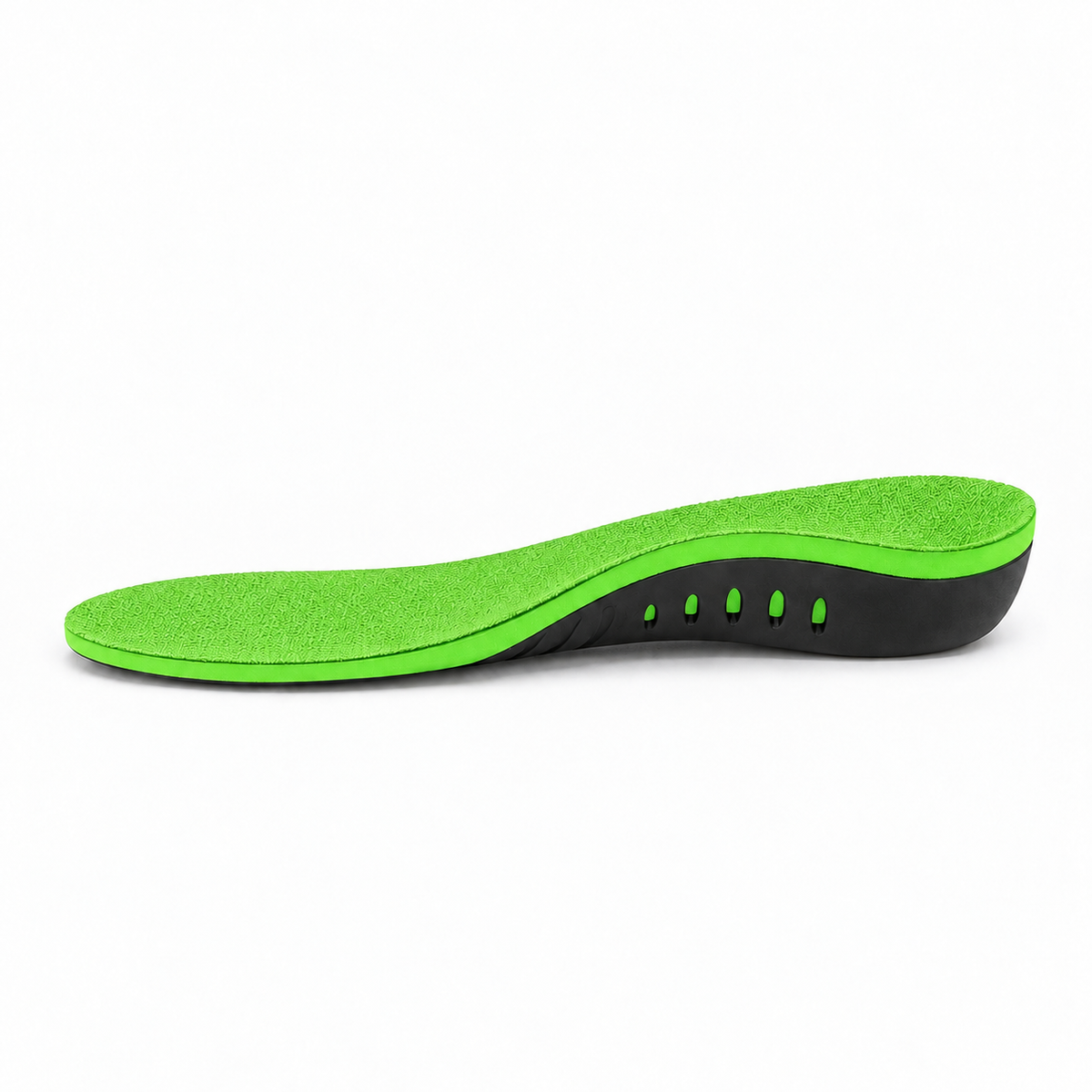 Memory foam arch support insoles in green with heel cup for cushioned foot support