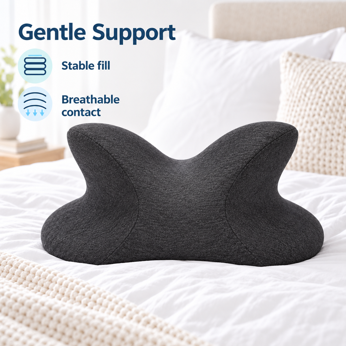 Memory Foam Nap Pillow with Gentle Support stable fill and breathable contact icons