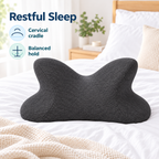 Memory Foam Nap Pillow for Restful Sleep with cervical cradle and balanced hold icons