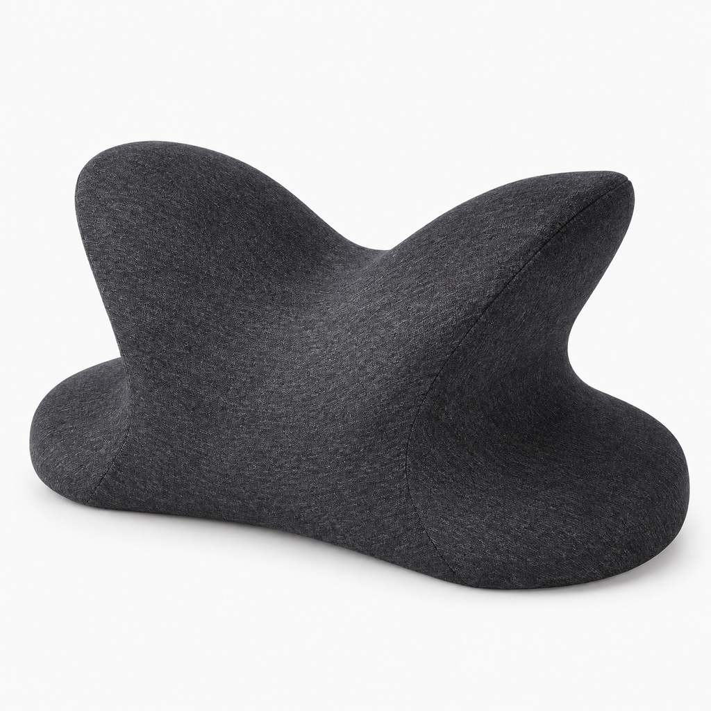 Black memory foam nap pillow product view with butterfly shape and soft neck support