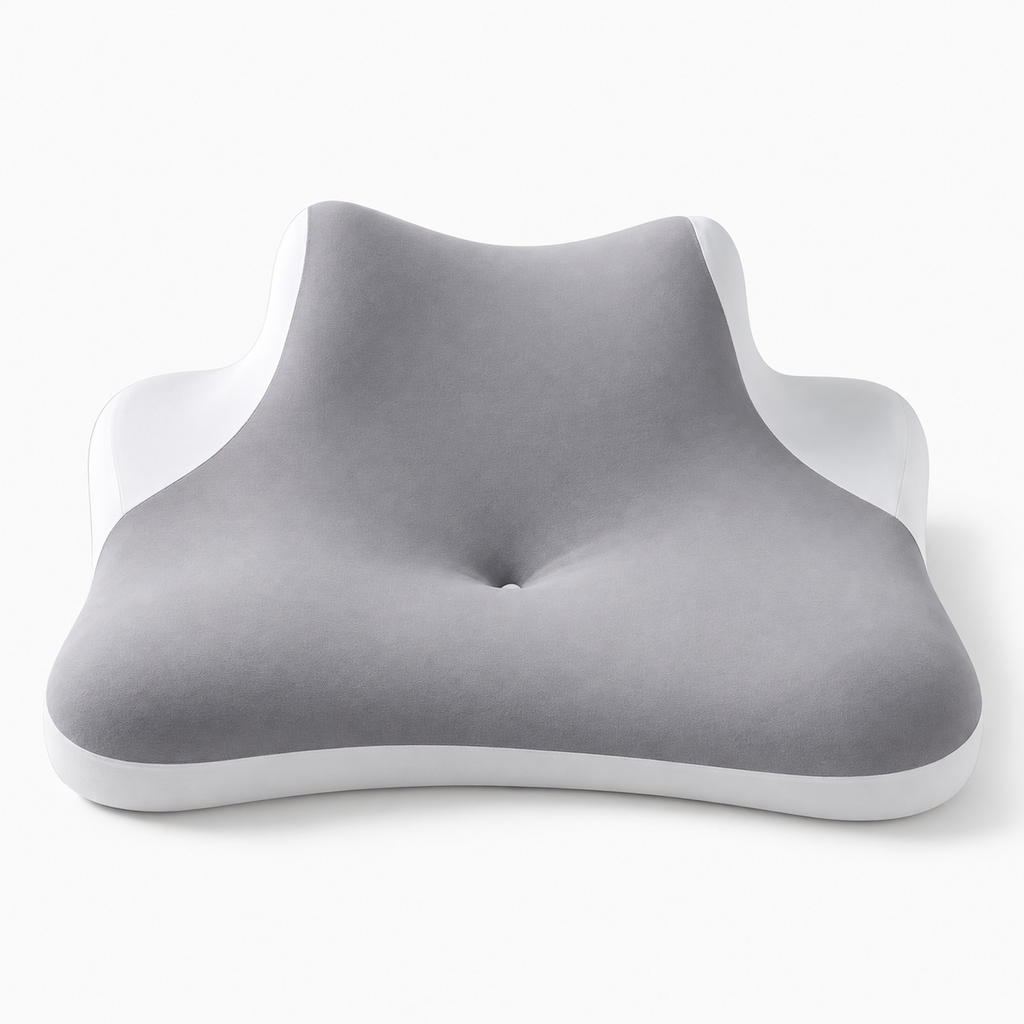 Gray wedge neck support pillow product view with raised cervical support and soft fabric