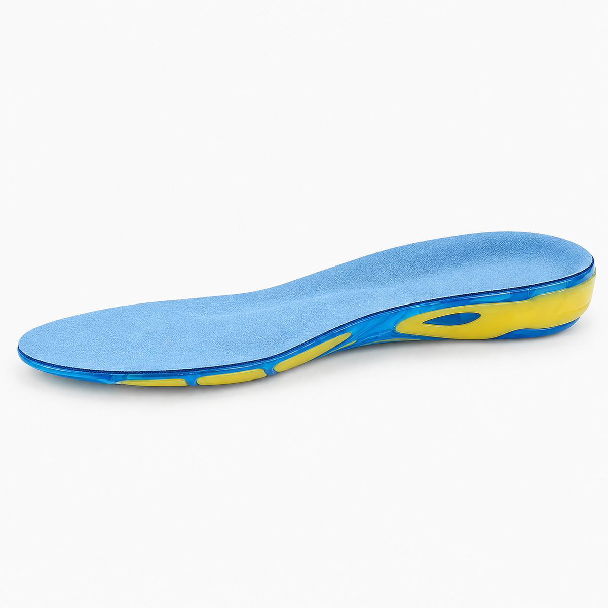 Blue gel insoles for plantar fasciitis and heel support, side profile product photo
