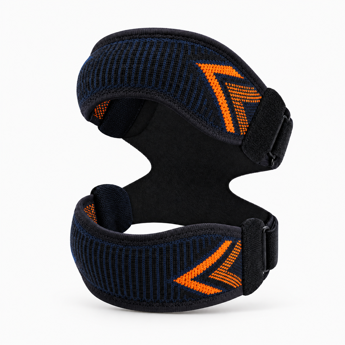 Adjustable patella knee strap product view with dark woven straps and orange chevrons