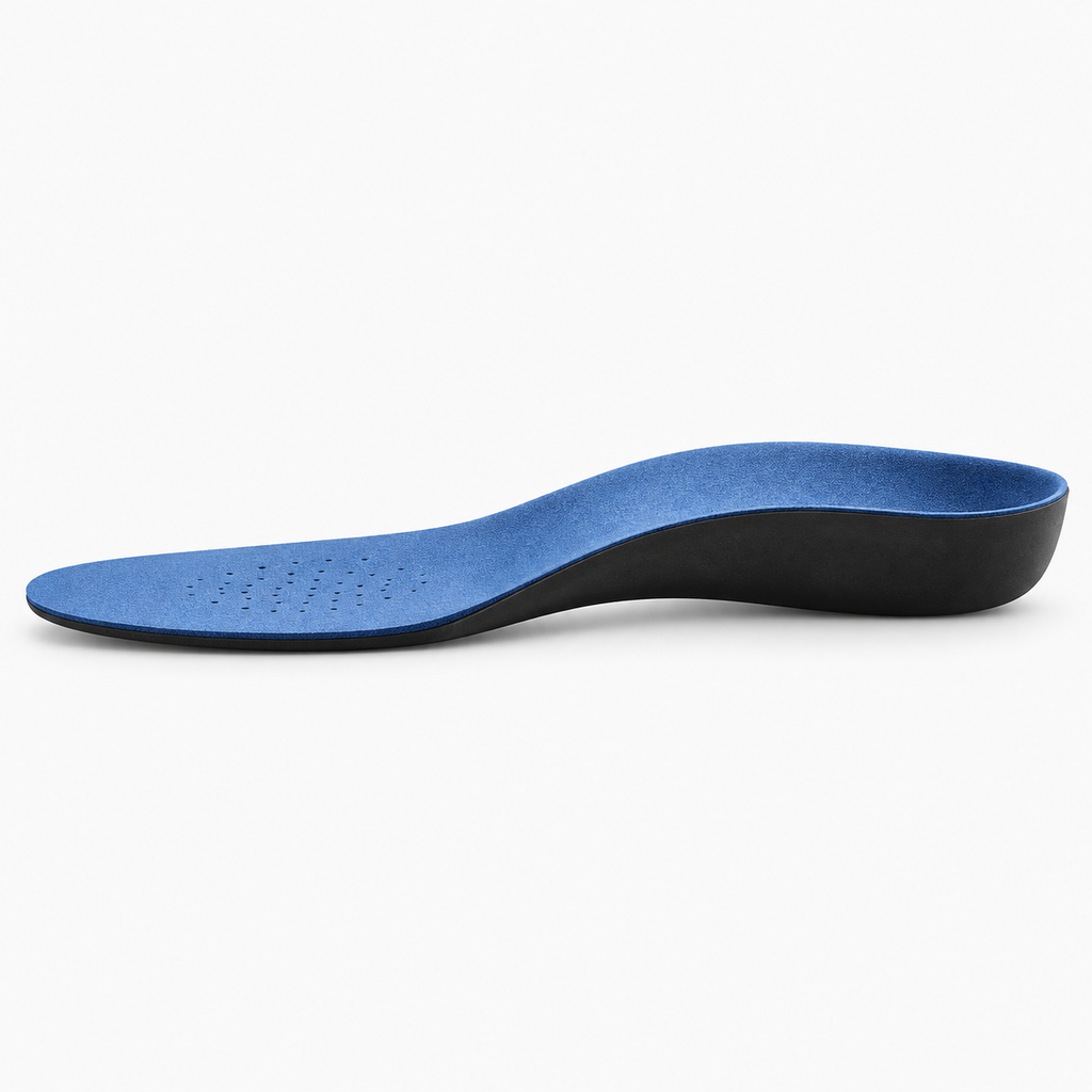 Blue orthotic arch support insole with blue textile top and black heel support base