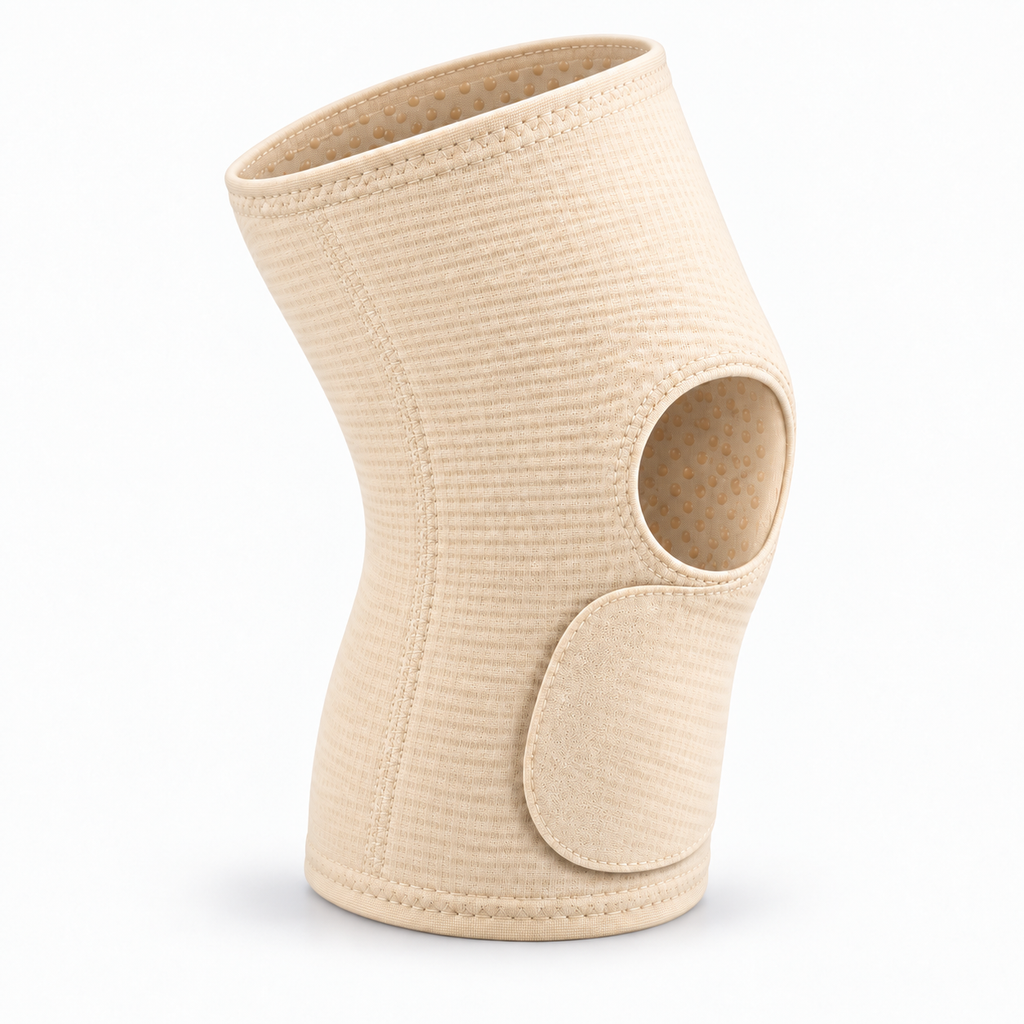 Beige knee brace with patella opening and breathable knit compression support