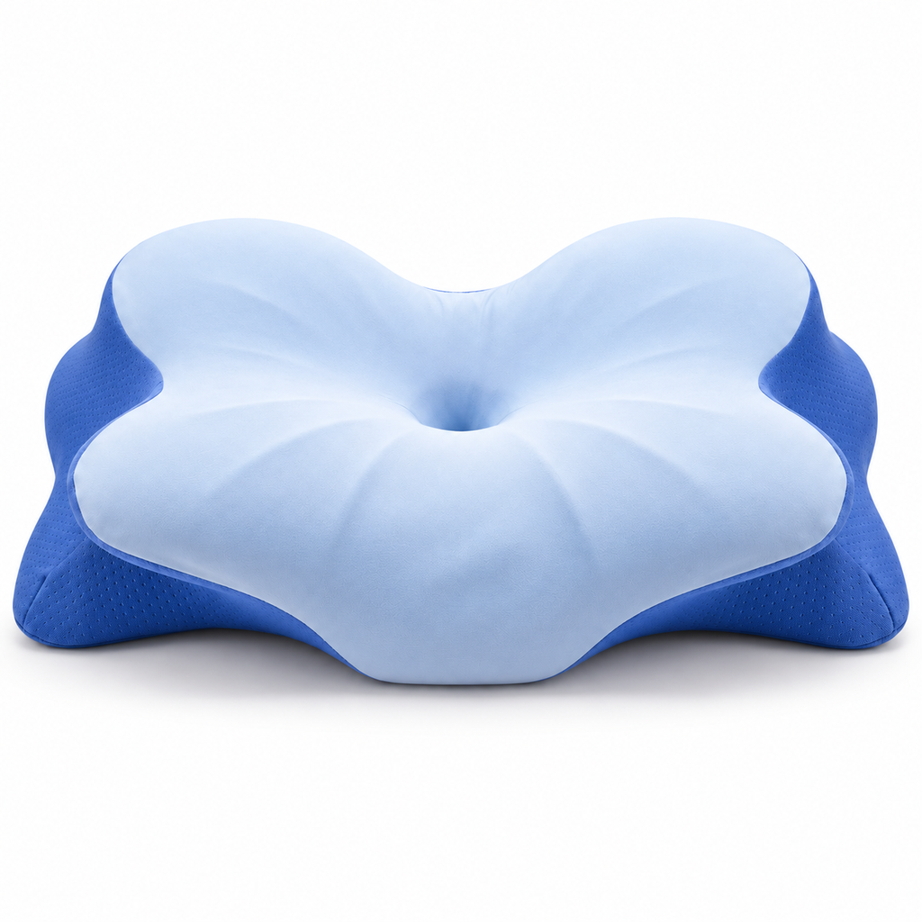 Blue butterfly memory foam cervical pillow product view with central head cradle and neck support