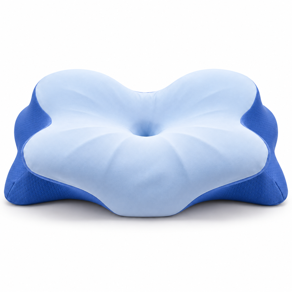Blue butterfly memory foam cervical pillow product view with central head cradle and neck support