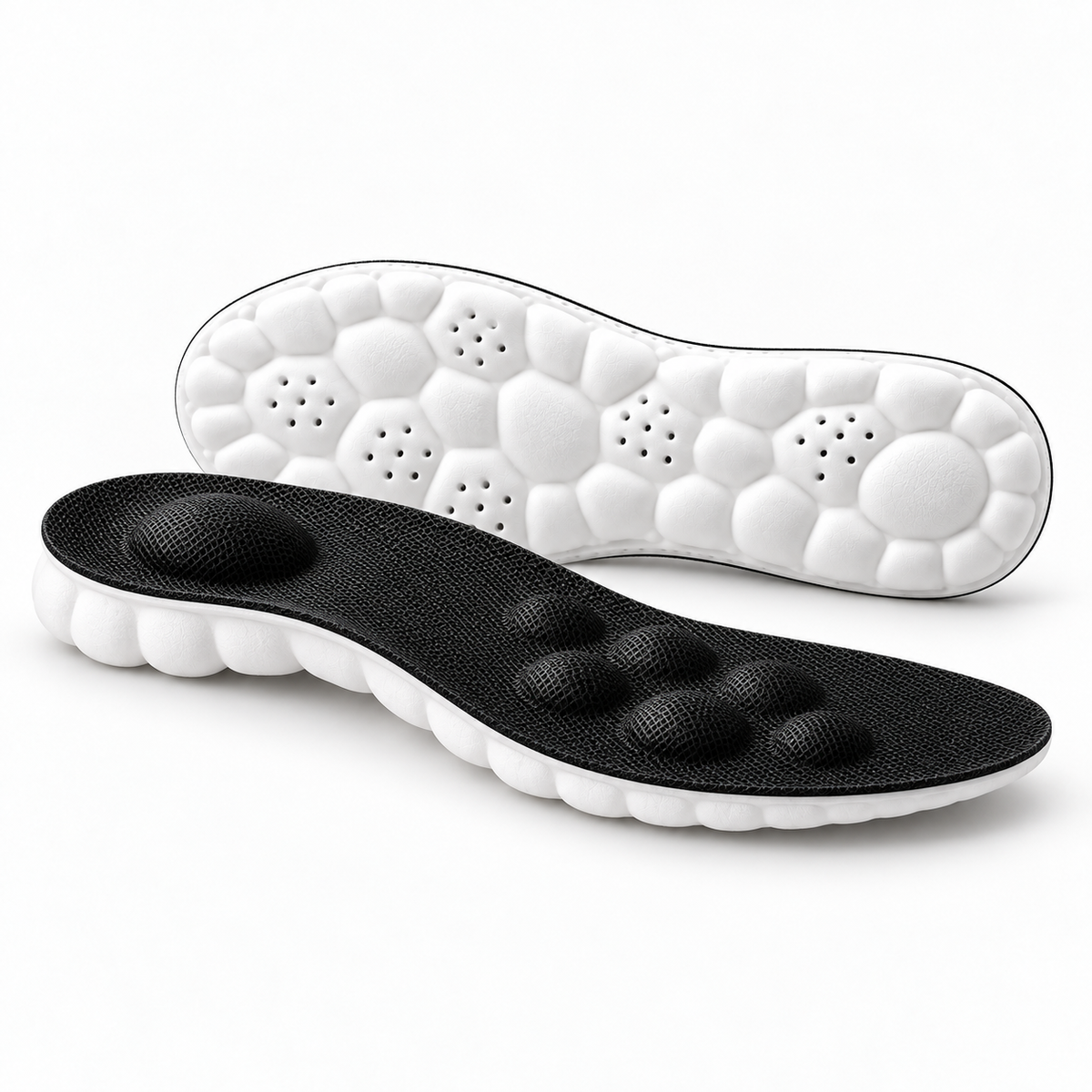 Black Upgrade massage arch support insoles pair with black mesh top and white cushioned underside