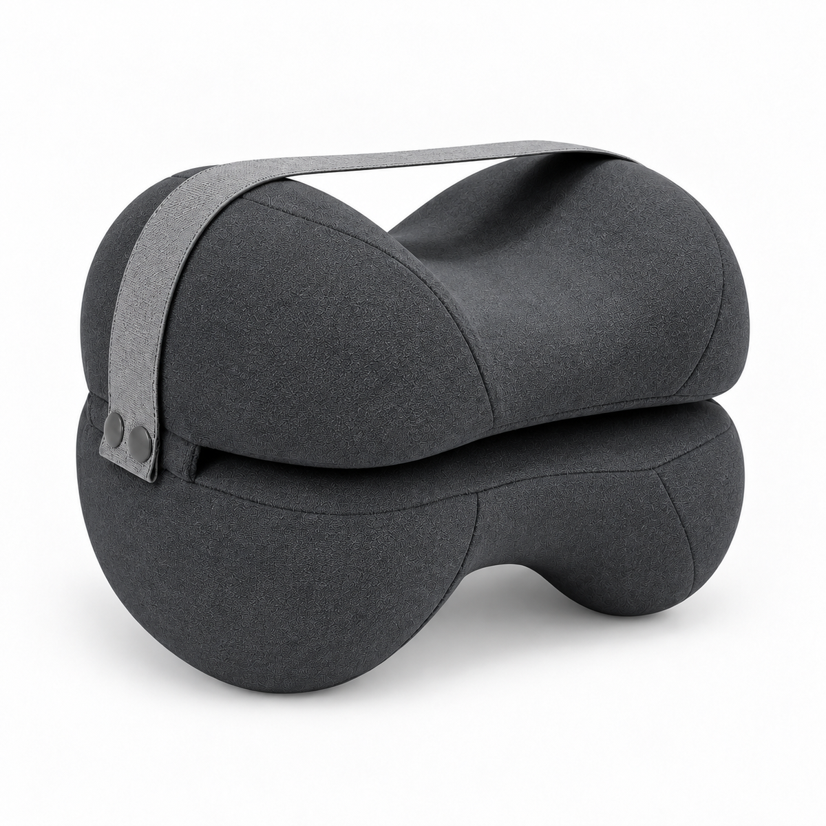 Dark gray contoured knee pillow alternate angle with strap and button details