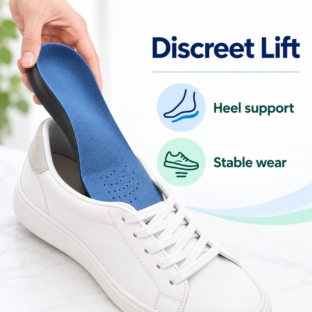 Blue orthotic insole inserted into a shoe for discreet lift and heel support