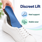 Blue orthotic insole inserted into a shoe for discreet lift and heel support