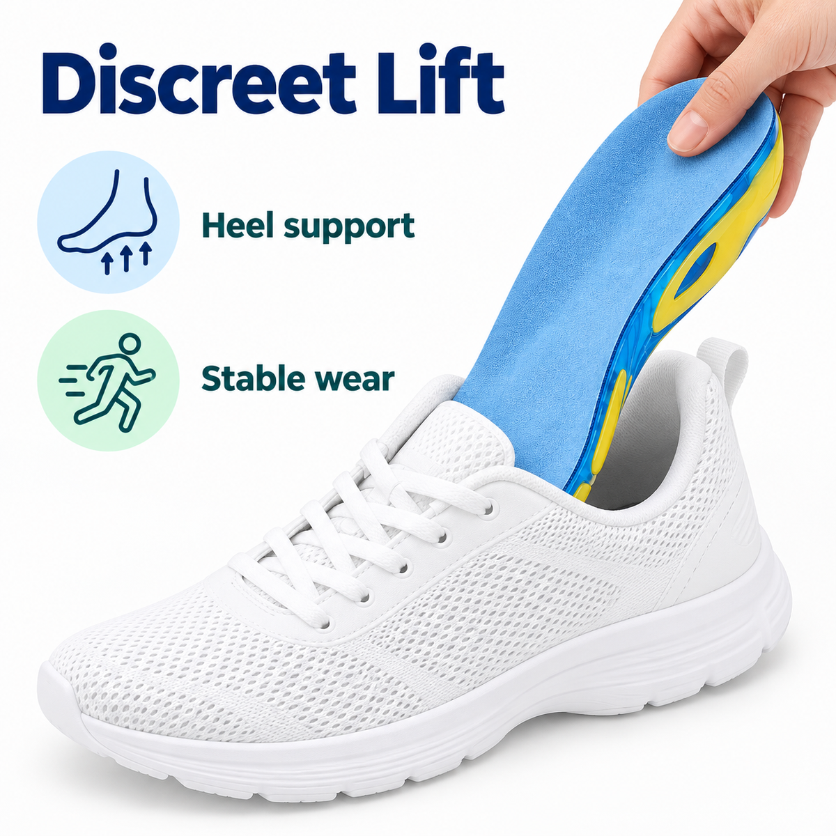 Blue gel insole discreet lift inserted into white sneaker with heel support