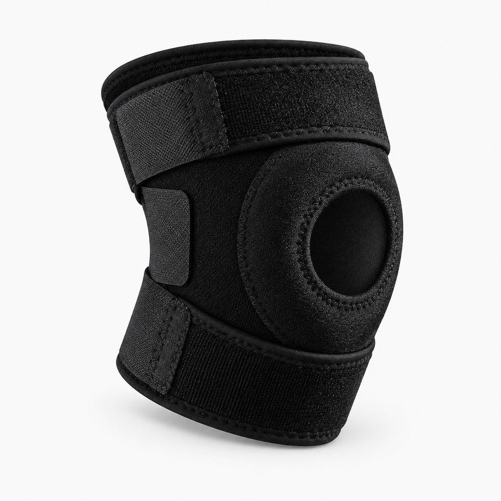 Unisex Adjustable Patella Knee Brace Support - black knee brace angled product view with straps
