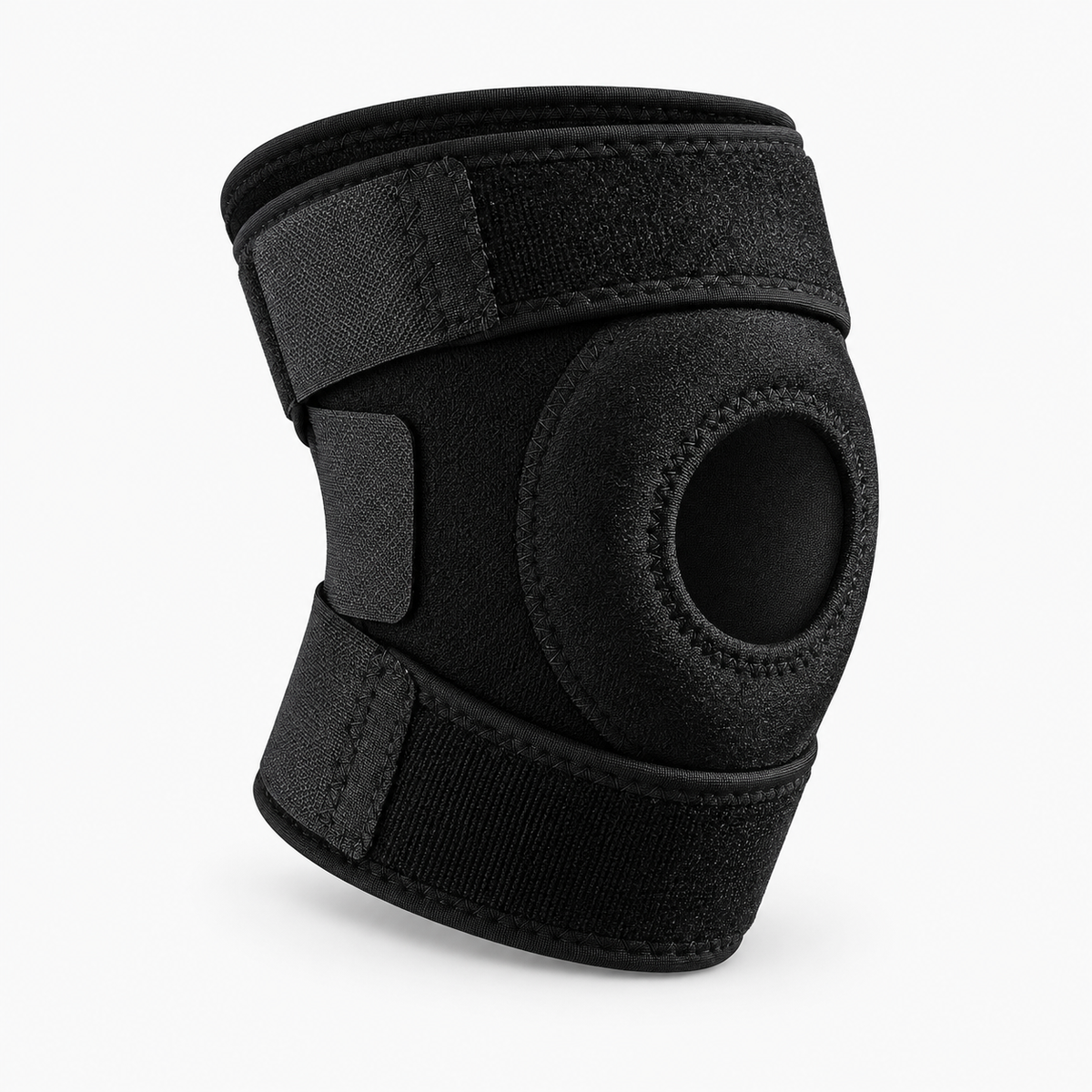 Unisex Adjustable Patella Knee Brace Support - black knee brace angled product view with straps