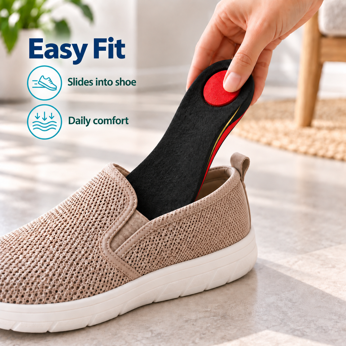 Easy Fit black 3/4 orthotic arch insole sliding into shoe for daily comfort