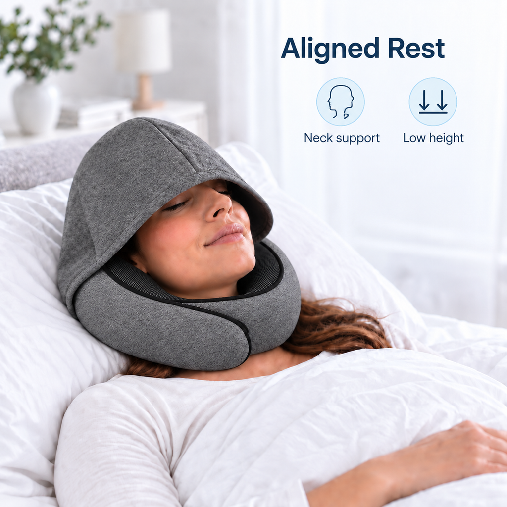 Hooded Memory Foam Travel Pillow for Flights - Aligned Rest neck support lifestyle visual