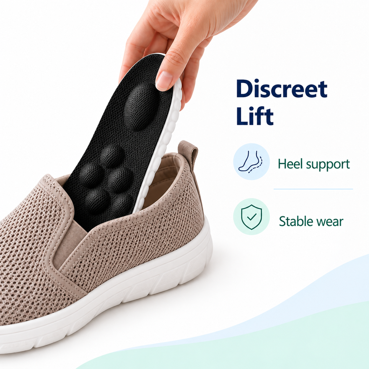 Black Upgrade full length insole inserted into a shoe for discreet lift and heel support