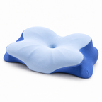 Blue butterfly memory foam cervical pillow angled view showing raised side lobes and breathable side fabric