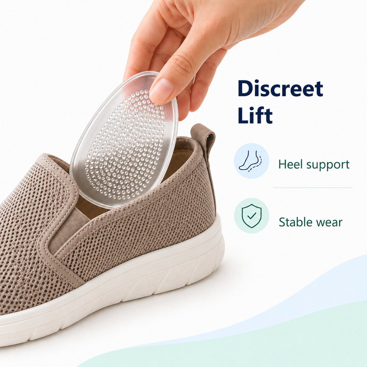 Forefoot gel cushion pad inserted into shoe for discreet lift and stable wear