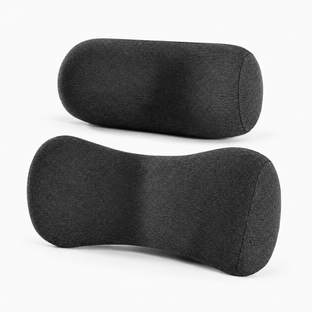 Black car headrest and lumbar pillow set, angled product view with fabric texture