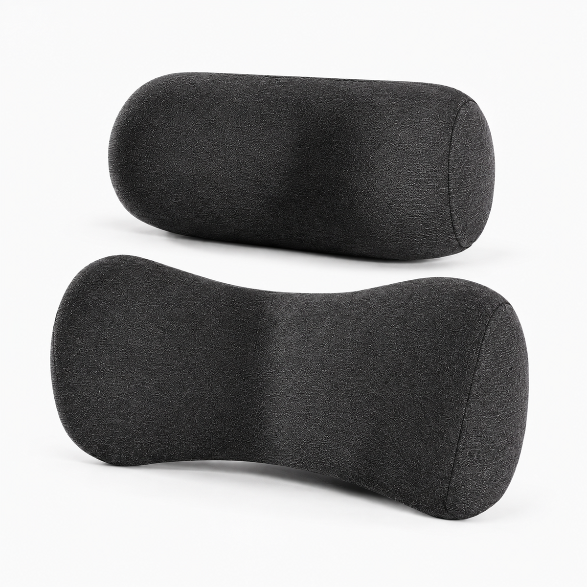 Black car headrest and lumbar pillow set, angled product view with fabric texture