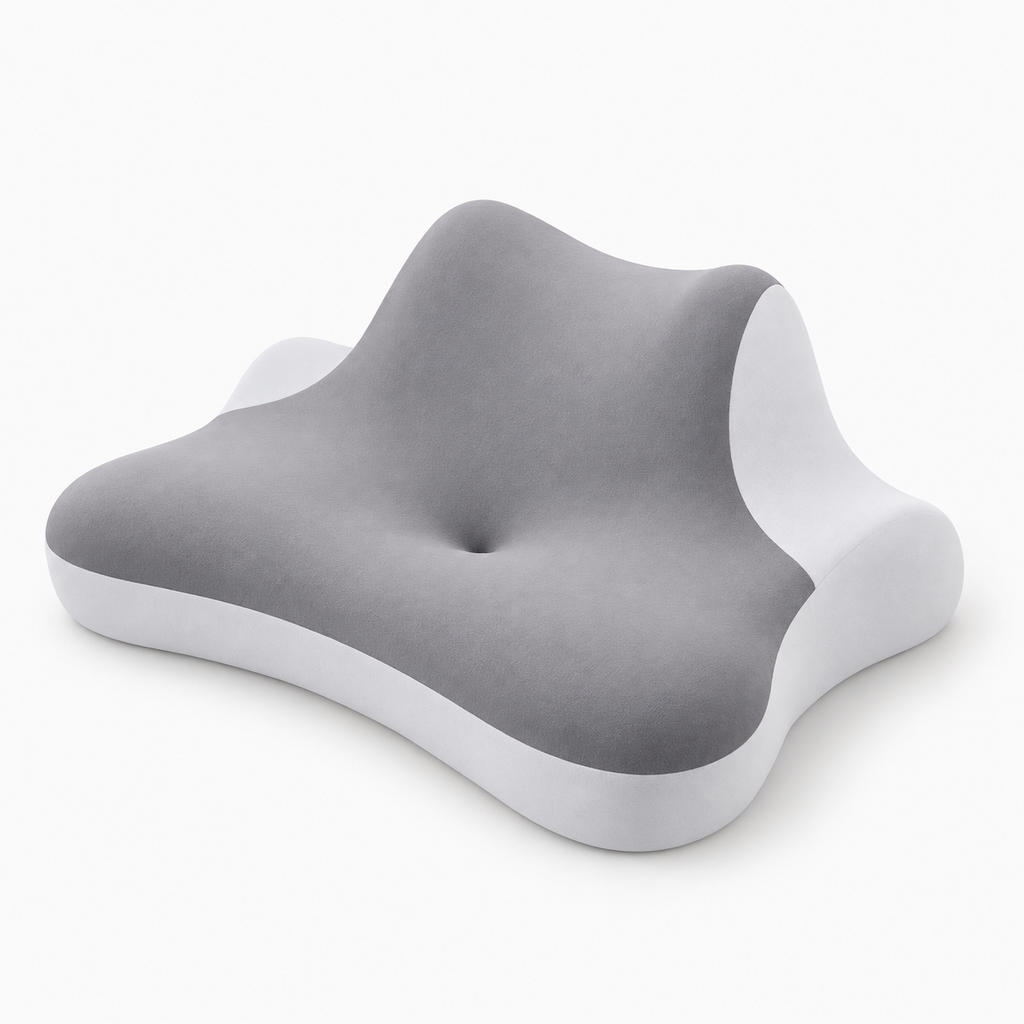 Gray wedge neck support pillow angled view showing white side panels and central cradle