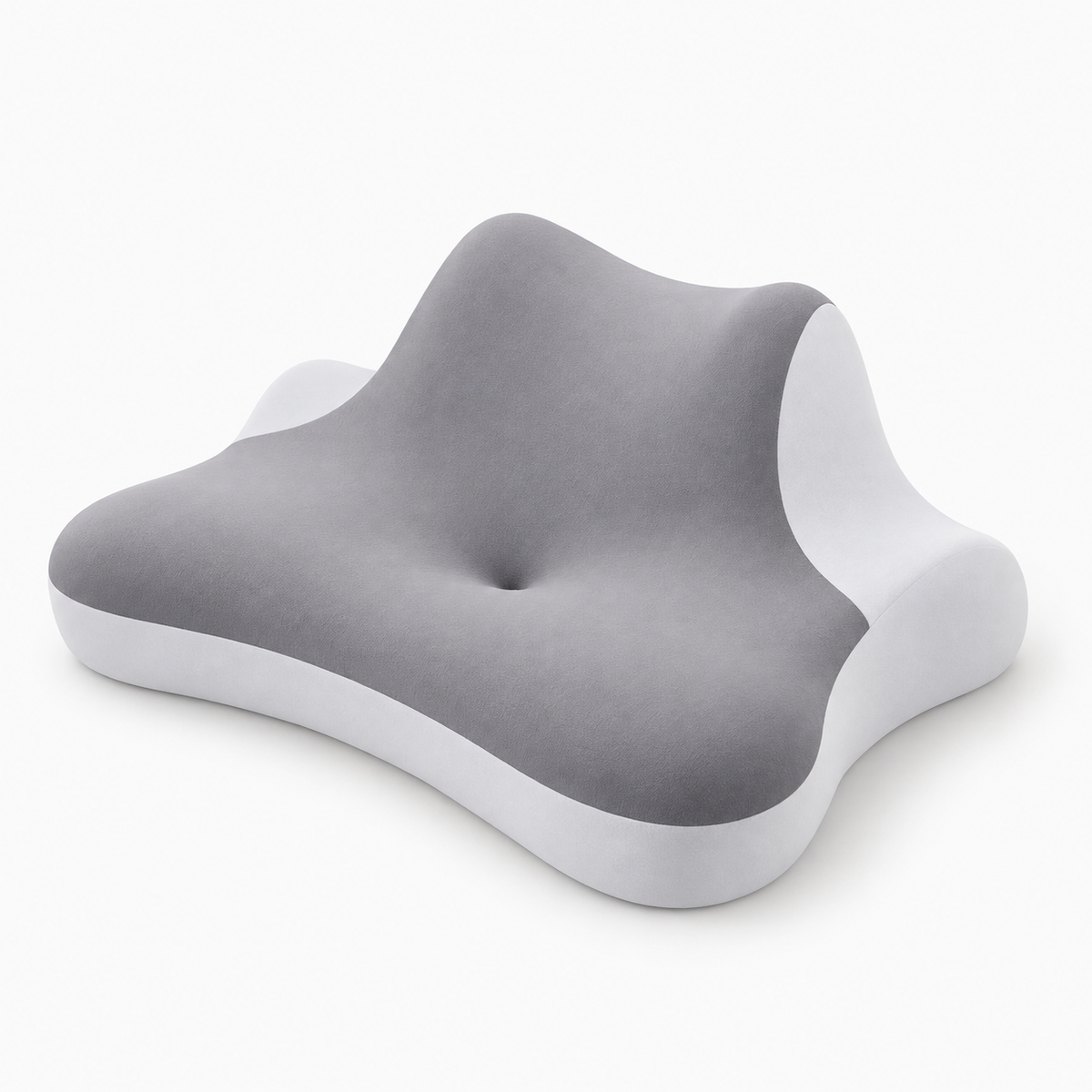 Gray wedge neck support pillow angled view showing white side panels and central cradle