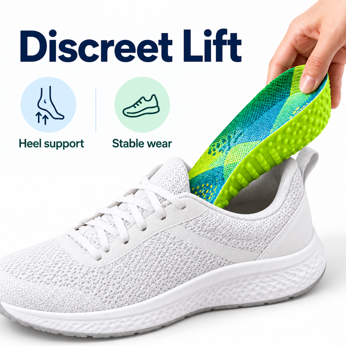 Discreet Lift green EVA sport insole inserted into shoe with heel support and stable wear benefits