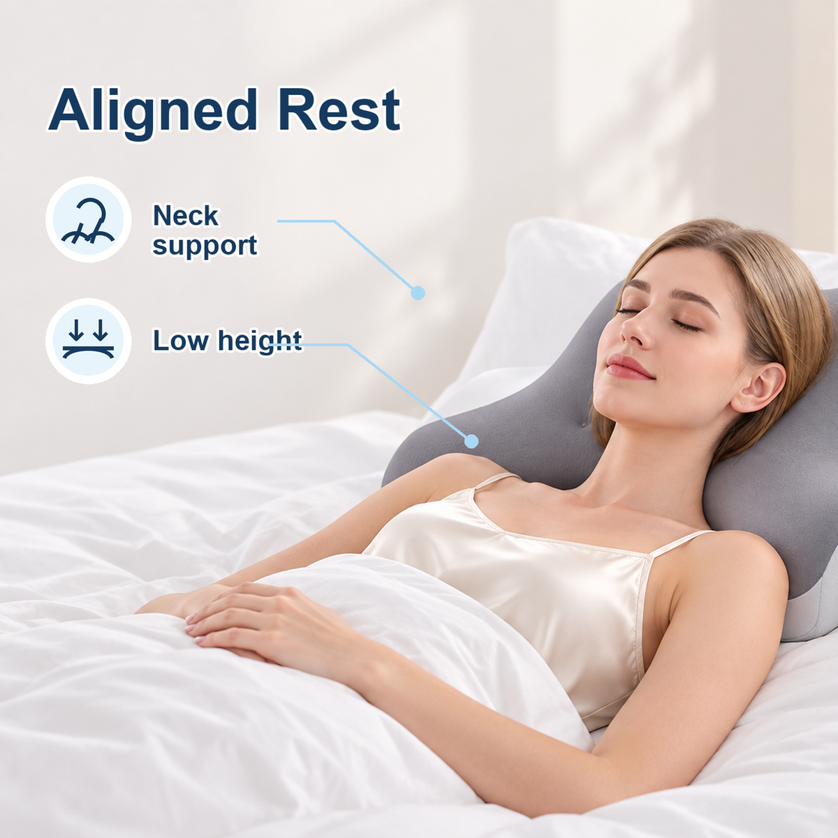 Grey cervical pillow used for aligned rest with neck support and low height icons