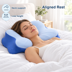 Blue cervical support pillow used for aligned rest with neck support and low height comfort