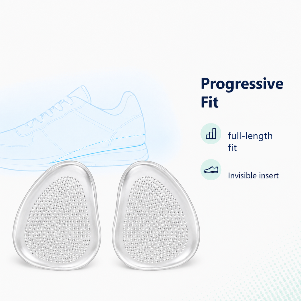 Forefoot gel cushion pads progressive fit with invisible shoe insert explanation